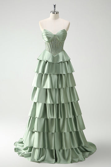 Vert Sweetheart Princesse Satin Tiered Long Corset Robe De Soirée avec Fente